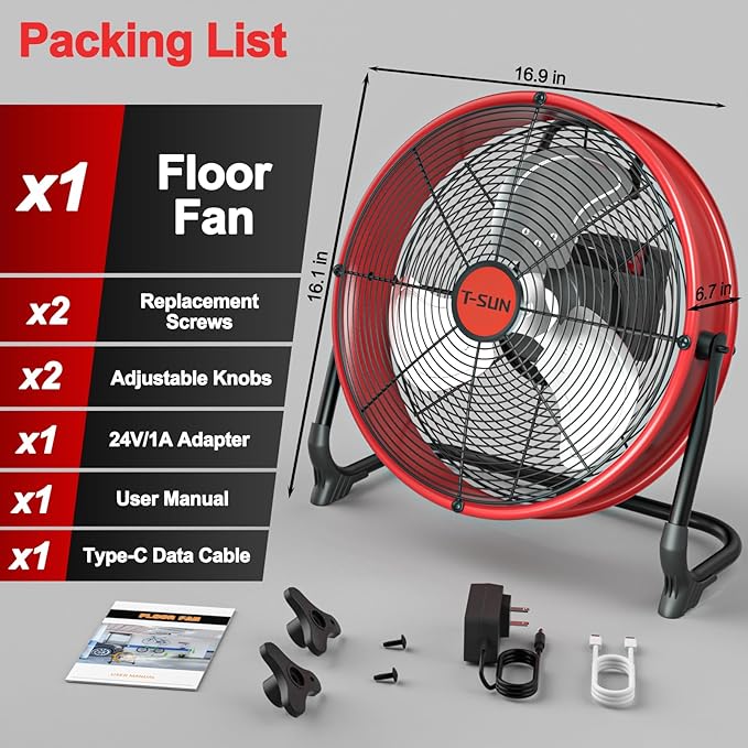 T-SUN 12" Battery Power Floor Fan Compatible with Mil-wau-kee Battery, Portable Fan with AC Adapter and USB Output, Stepless Speed Cordless Fan, Metal High Velocity for Jobsite Outdoor Camping