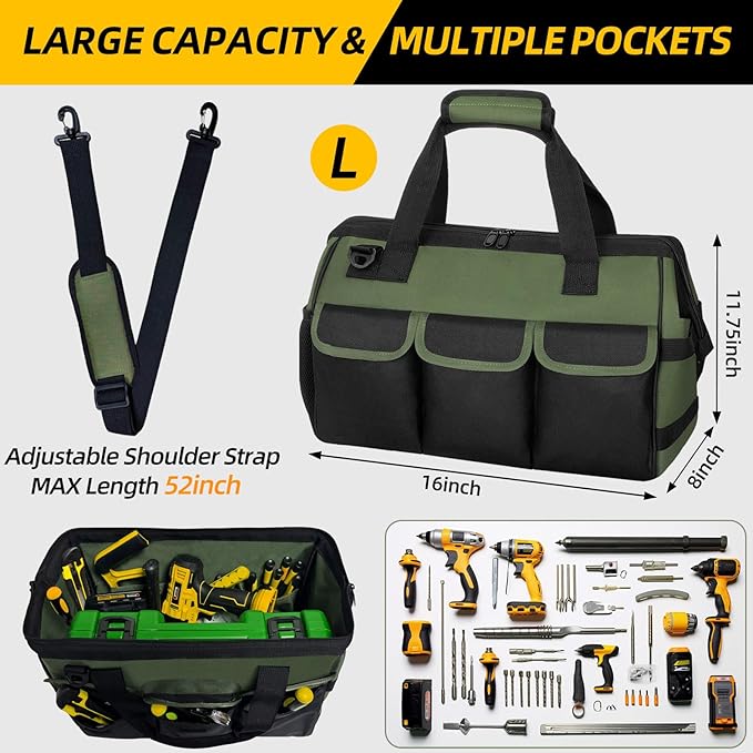 NECKORY Tool Bag, Portable Tool Box Organizer Adjustable Shoulder Strap, Carry Tool Tote Heavy Duty Tool Storage Bag With Wide Mouth,Tool Bags for Men Mechanic EngineerGift - L, Army Green & Black