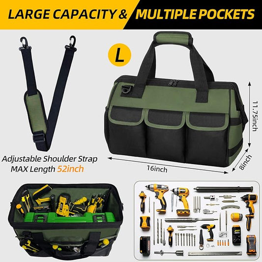 NECKORY Tool Bag, Portable Tool Box Organizer Adjustable Shoulder Strap, Carry Tool Tote Heavy Duty Tool Storage Bag With Wide Mouth,Tool Bags for Men Mechanic EngineerGift - L, Army Green & Black