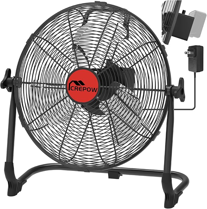 12" Battery Operated Floor Fan Compatible with Milwaukee 18V Battery, Portable Cordless Fan with AC Adapter, USB and Type-C Output, Variable Speed Fans for Jobsite Garage Camping(No Battery)