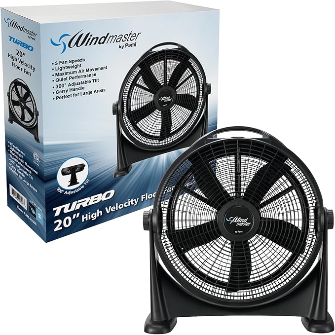 PAMI Turbo 20” High-Velocity Floor Fan - Quiet Portable Fan With 3 Speed Levels & Carry Handle- Adjustable Head Powerful Air Flow Industrial Fan- Heavy-Duty Electric Box Fan For Bedroom Home Office