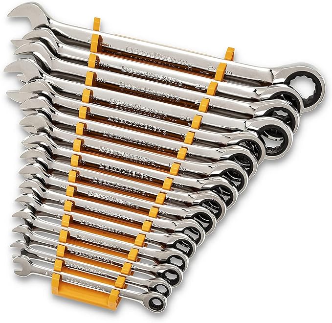 GEARWRENCH 30 Piece 12 Point Ratcheting Combination SAE/Metric (1/4-1 in., 8-24 mm) Wrench Set with Wrench Racks - 86702