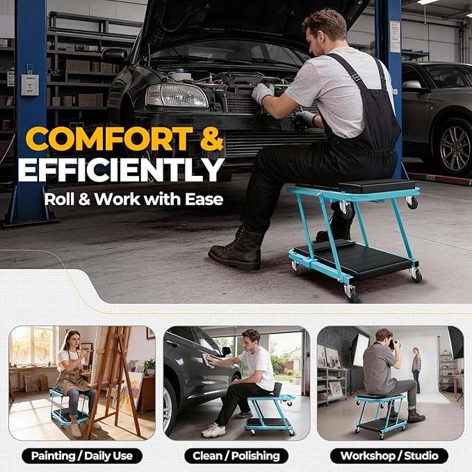 Auto Dynasty 48" Z-Creeper Seat, 2-in-1 Foldable Garage Creeper Shop Seat, 330 LBS Capacity Automotive Mechanic Repair Under Car Rolling Creeper Seat, Sky Blue