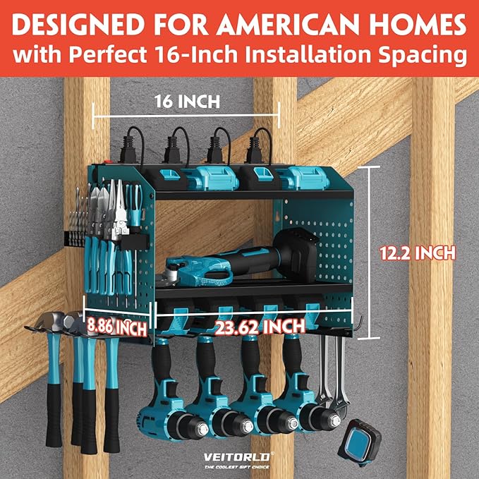 Veitorld Power Tool Organizer with Charging Station, Heavy Duty Modular Wall Mount Rack for Garage & Shed Organization, 4 Drill Holders, Anniversary Birthday Gifts for Him Men Dad Man