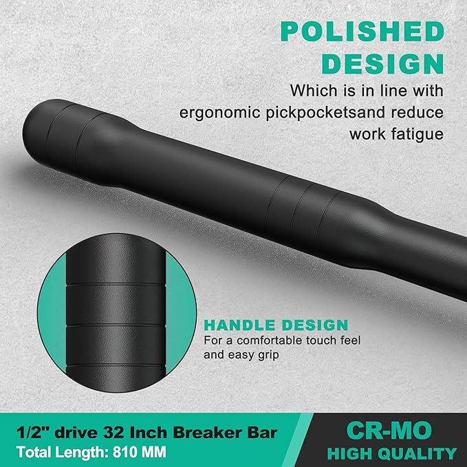 1/2" Drive 32 Inch Breaker Bar, Heavy Duty Head, Premium Chromium-Molybdenum Steel, Laser Etched Marking, for Grip and Break Loose Tight Bolts, Nuts