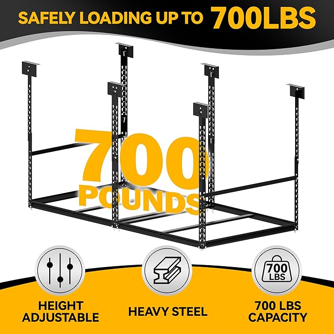 3x6 Ft Overhead Garage Storage Rack, 28-41 inch Height Adjustable Ceiling Mounted Organization Rack, 700 lbs Weight Capacity, 36"x72" Heavy Duty Space-Saving Metal Rack for Garage Storage