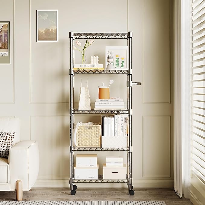 GarveeHome 5-Tier Heavy Duty Storage Shelves 1100 LBS Metal Wire Rack Shelving with Lockable Wheels, 61" H Rolling Storage Rack for Kitchen Garage Bedroom