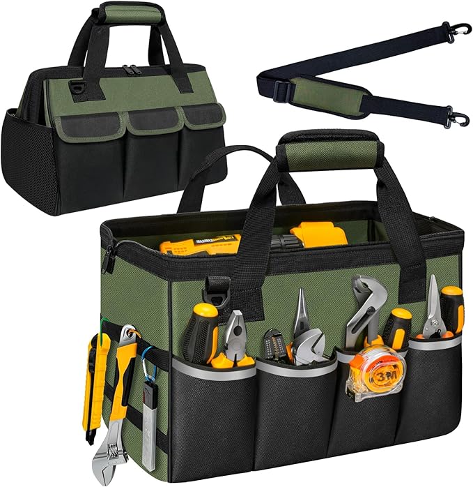 NECKORY Tool Bag, Portable Tool Box Organizer Adjustable Shoulder Strap, Carry Tool Tote Heavy Duty Tool Storage Bag With Wide Mouth,Tool Bags for Men Mechanic EngineerGift - M, Army Green & Black