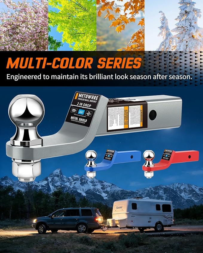 METOWARE Trailer Hitch Ball Mount, 2" Drop Hitch with 2" Ball, 6,000 lbs GTW Fits 2" Receiver for Truck SUV Boat RV, Solid Steel Towing Kit with Hitch Pin & Clip, Titanium Grey