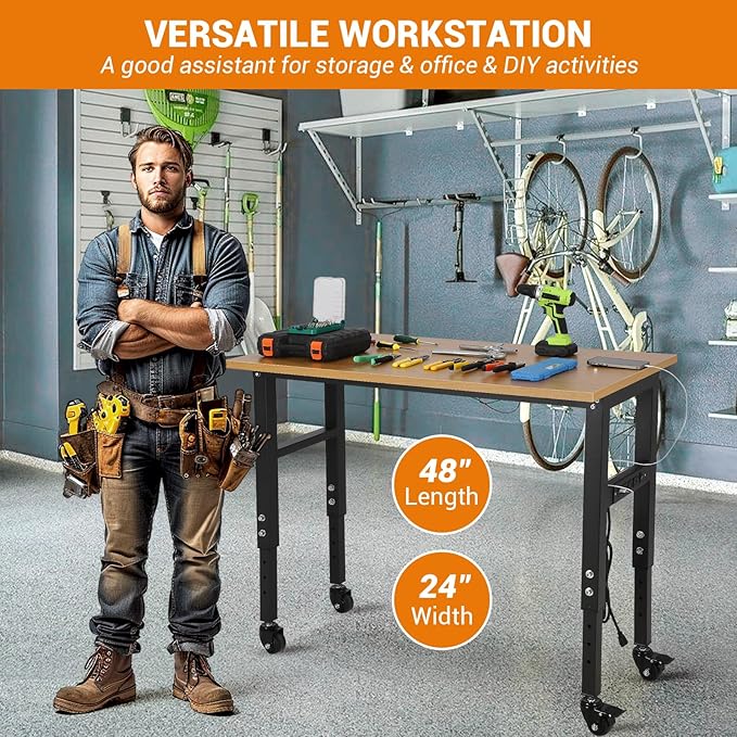 48" Adjustable Workbench with Power Outlet & Wheels, Heavy-Duty 48 x 24 in Work Bench, 2500 lbs Load Capacity for Garage, Workshop & Home
