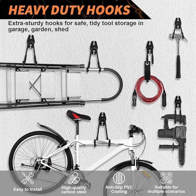 12 Pack Garage Hooks Heavy Duty, Wall-Mount Storage Hooks with Non-Slip Coating, Includes Screws & Anchors + 2 Extension Cord Straps, Shed Hooks for Hanging Bikes, Ladders, Garden Tools, Hoses, Ropes