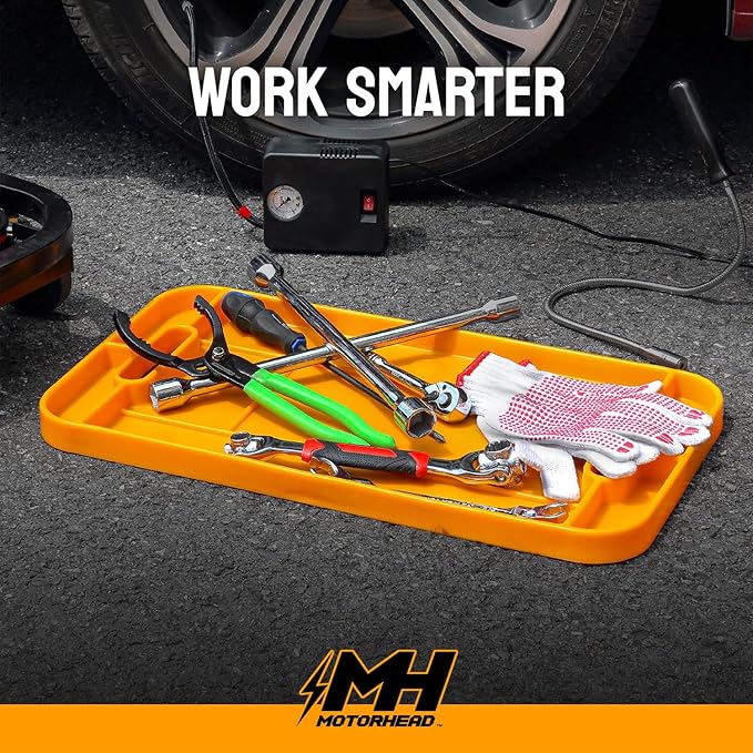 MOTORHEAD Super Grip Silicone Tool Tray Set (4-Piece: 23”, 16”, 12” & 4”) Magnetic, Non-Slip, Anti-Scratch,Withstands Temperatures Up to 248°F/120°C, Non-Conductive & Anti-Static, Orange (AT06006G)