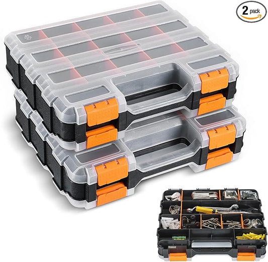 NATGAI 2 Pack Small Parts Organizers, 34-Compartments Double-Sided Tool Box with Removable Dividers for Hardware, Screws, Bolts, Nails & Fishing Accessories, Durable Plastic Storage Case (Orange)