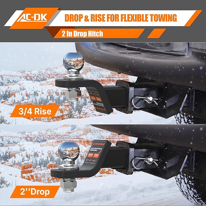 AC-DK Trailer Hitch Ball Mount for 2 inch Receiver,2 inch Drop Hitch,with 2-Inch Ball,7,500 lbs Capacity Ball Hitch, 750lbs Tongue Weight,Includes Hitch Pin
