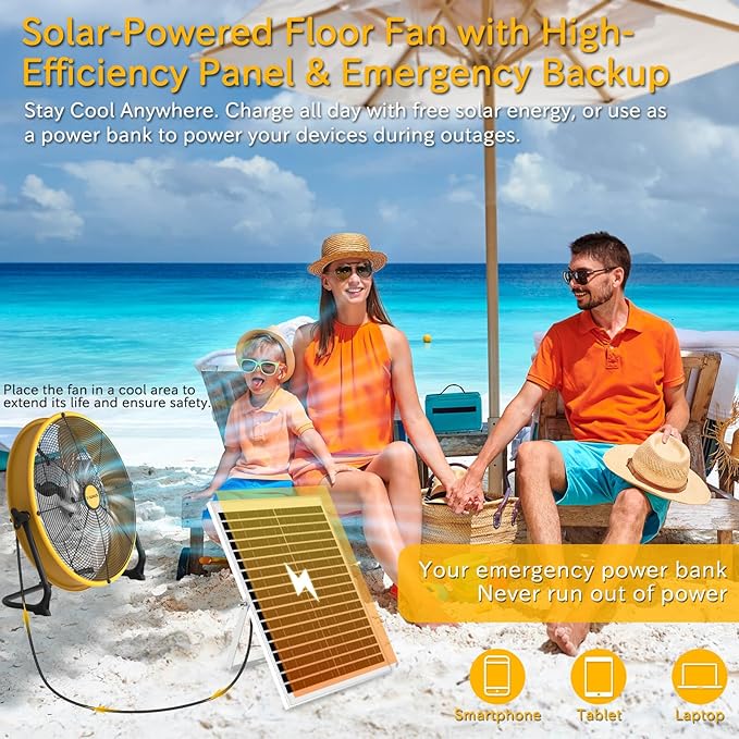 T-SUNUS 16" Solar Powered Floor Fan with 25W Panel & 15600mAh Battery, 2500 CFM Strong Airflow, 4-25H Runtime, USB Phone Charging, 360° Tilt, Quiet for Camping, Patio, Garage, Shed, Tent, RV, Outdoor