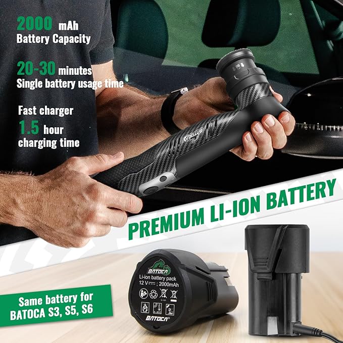 BATOCA S5 Cordless Mini Car Polisher Buffer Sander Dual Action Rotary Polishing Machine for Car Motorcycle Detailing Polish Buffing 1inch 2inch 3inch Polishing Pad Kit with 2x 12V Battery 2000-5500RPM