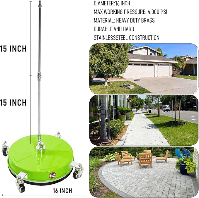 16" Pressure Washer Surface Cleaner with 4 Wheels, Coated Green Stainless Steel Power Washer Surface Cleaner for Driveway Sidewalk Patio, 1/4" Quick Connector 2 Extension Wand, 4000 PSI