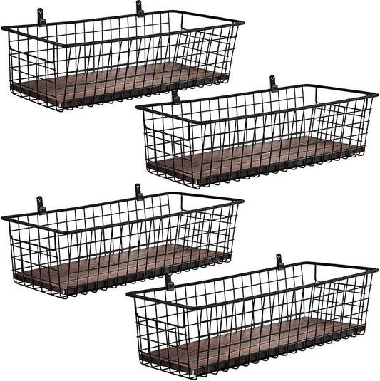 4 Set [Extra Large] Portable Metal Farmhouse Wall Decor Storage Organizer Basket Bin with Handles and Floating Shelves for Hanging in Entryway,Bathroom,Kitchen-Wall Mount Hooks Included (4, Black)