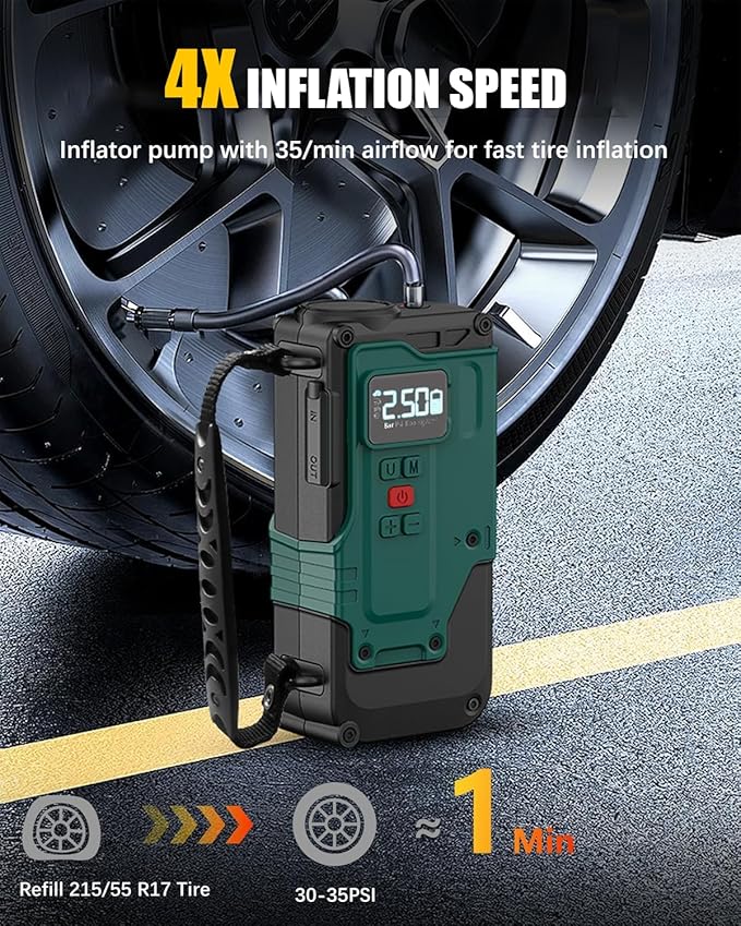 Cordless Tire Inflator Portable Air Compressor - 8000mAh & 12V DC Dual Power, 8X Faster, 150 PSI Air Pump for Car Tires, Bicycle, Motorcycle, Ball, with Pressure Gauge, LED Light, Auto Shut-Off