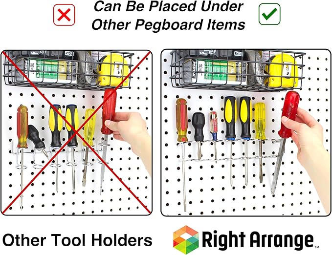 Pegboard Screwdriver Holder, 2-Pack - Hooks to Any Peg Board - Screwdriver and Pliers Rack Accessory Tool Organizer - Organization Accessory for Workbench, Garage, Tool Shed, Craft Room