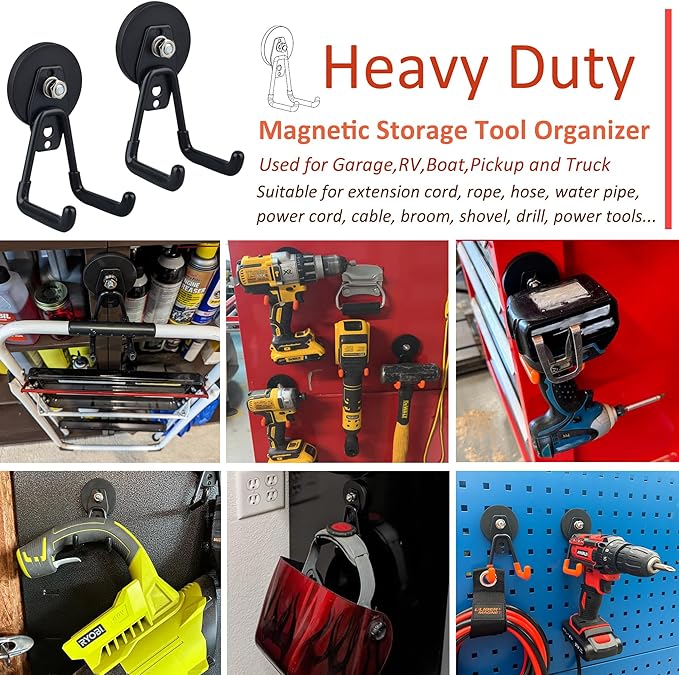ULIBERMAGNET Heavy Duty Magnetic Garage Hook,6 Pack Strong Large Magnet Hooks for Power Drill,Garden Tools,Hose,Pegboard,Garage, Workshop,Magnetic Storage Hooks for Indoor Outdoor Hanging(Black)