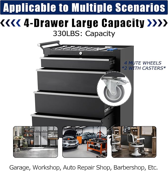 24” Heavy-Duty Rolling Tool Cabinet, 4-Drawer Lockable Steel Tool Chest with 4 Locking Wheels & Reinforced Frame, High Weight Capacity Organizer for Garage, Workshop, and Home Use