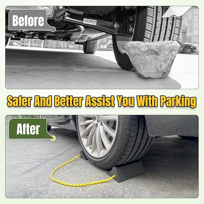 ROBLOCK Upgrade Wheel Chocks for Lightweight Travel Trailer Light Truck Car Tractor, Sturdy Simple Easy to use,Tires Light Block Stopper Chock with Nylon Rope Yellow Reflective Tape (2pack)