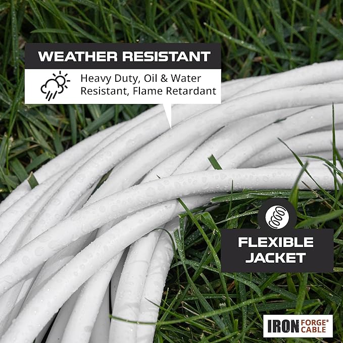 Iron Forge Cable 12 Gauge Outdoor Extension Cord 25 Ft, SJTOW 12/3 Heavy Duty White Extension Cord 3 Prong, Oil Resistant & Flame Retardant