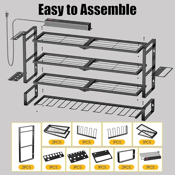 MOOMSINE Large Power Tool Organizer Wall Mount with Charging Station, 400lbs Metal Storage Rack with 8 Cordless Drill Holder, 4 Tier Heavy Duty Battery Tool Shelf with 5 Outlet Power Strip for Garage