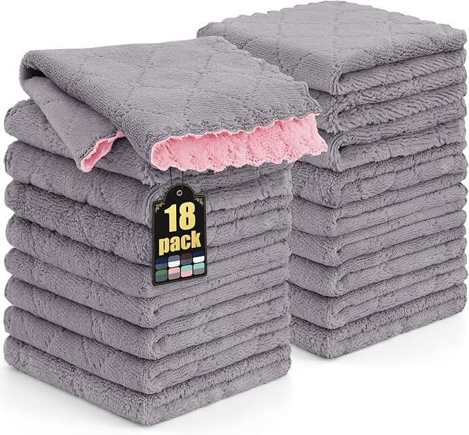 Mordimy 18 Pack Kitchen Cloths Dish Towels (10" x 10", Grey & Pink), Super Soft and Absorbent Dish Cloths, Coral Velvet Microfiber Cleaning Cloth, Nonstick Oil Fast Dry Dishcloths