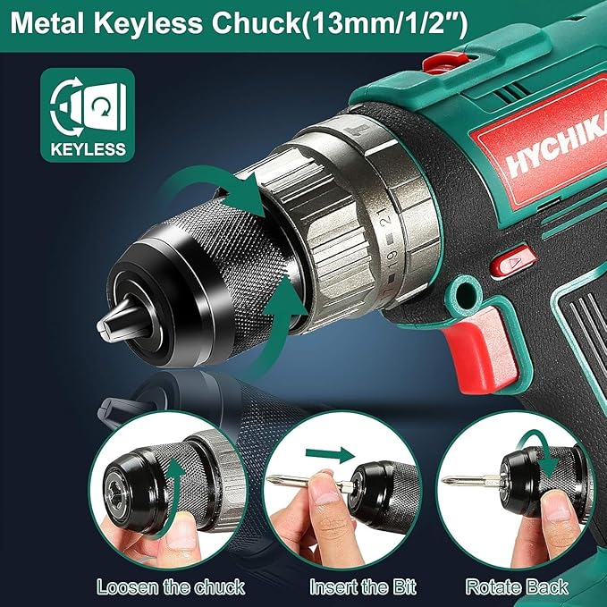 HYCHIKA 18V Cordless Hammer Drill Driver, Hole Saw Kit 3/4"-6"(19-152mm), Tool Combo Kit