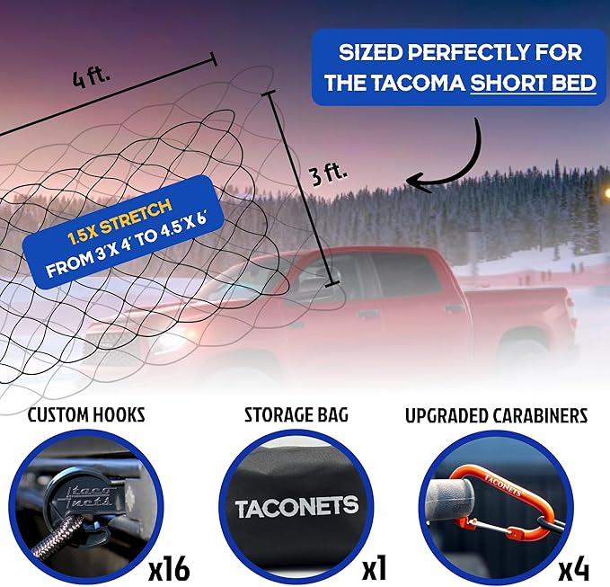 TacoNets Cargo Net for Toyota Tacoma Short Bed - Fits 2005-2025 - Patented Bed Rail Integration - Heavy Duty 8mm Premium Bungee 3'x4' Cargo Netting - Designed in USA