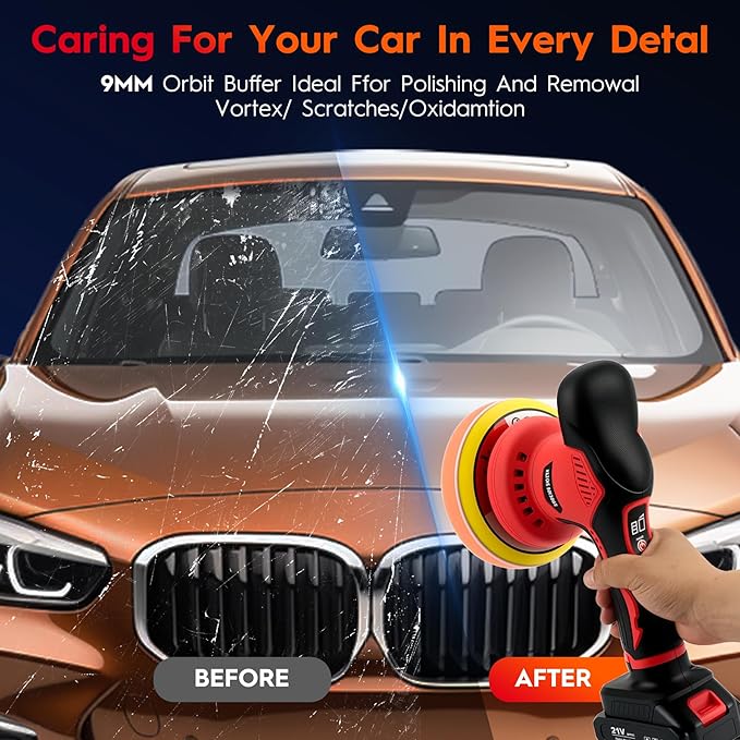 Cordless Car Buffer Polisher, 6 Inch Orbital Polisher Kit with 2x21V Batteries & 21 PCS Attachments - 8 Speeds Variable Max 6000RPM Car Buffer for Car Detailing, Waxing, Polishing, Scratch Removing