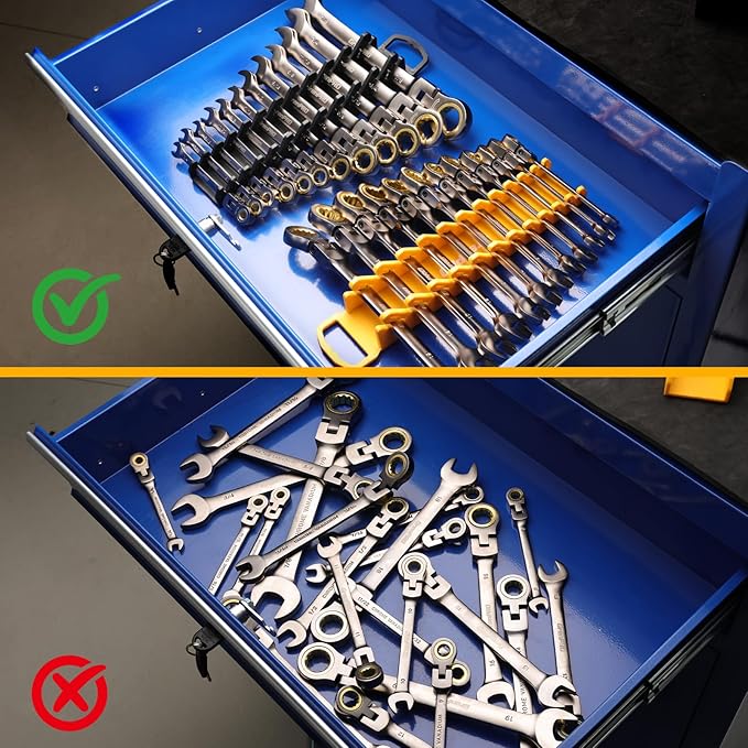 Wrench Organizer for Tool Box, 2 Pack Magnetic Wrench Holders with Handle, SAE & Metric Wrench Rack for Tool Box Drawer Storage