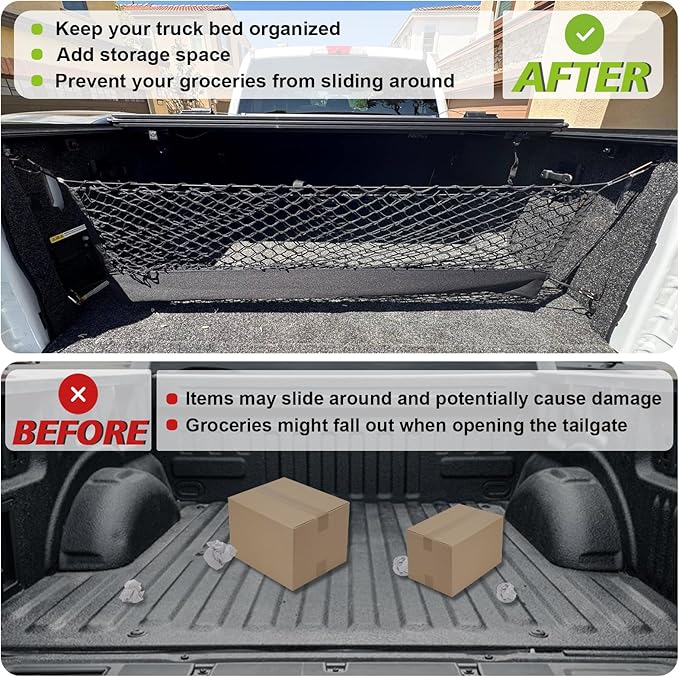 Muslogy Truck Bed Cargo Net Trunk Netting Compatible with 2015+ Ford F150 & 2017+ F250/F350/F450 (Snap-in Tie Down) Accessories, Pickup Cargo Organizer SUV Sedan Storage Net w/Heavy Duty Carabiners