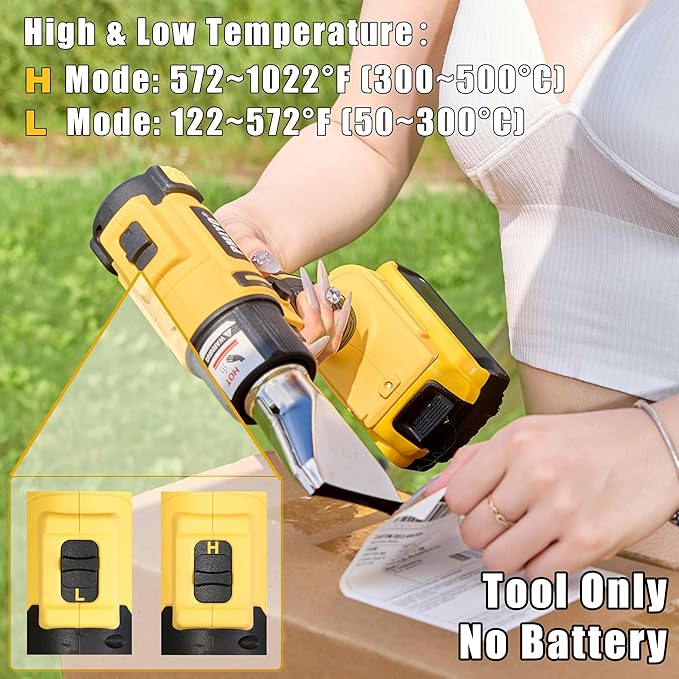 Cordless Heat Gun for Dewalt 20v Battery,350W Fast Heating Soldering Hot Air Gun,2-Temp Setting Max 1022°F(550°C),Heat Gun for Tube Bending,Resin & Decorating (Tool Only NO Battery)