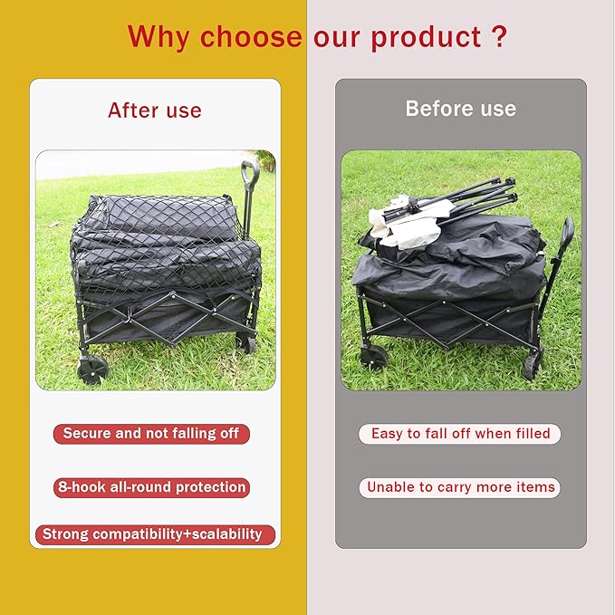 Cargo Net for Utility Folding Wagon, Beach Cart,Trolley Cart, Wagon net Cover,Garden Cart Cover Net - Elastic Heavy Duty Nylon Net with 8 Hooks (35.5"×23.6" to 71"×47")(8)