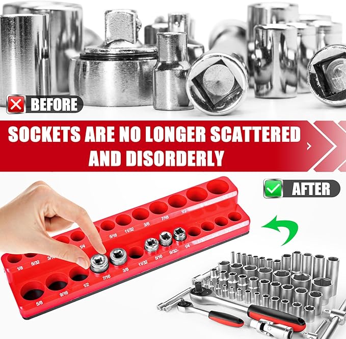 Magnetic Socket Organizer 2-Piece Magnetic Socket Holder 3/8 Inch Drive Metric SAE Trays Tool Storage Set Magnet Rail Holds 56 Sockets for Tool Box Drawer