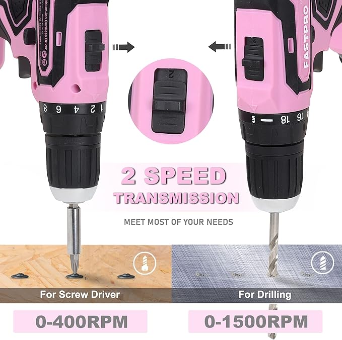FASTPRO 20V Pink Drill Set, 3/8 in. Cordless Drill Driver Kit with 1.5 Ah Lithium-ion Battery, Charger and Tool Bag