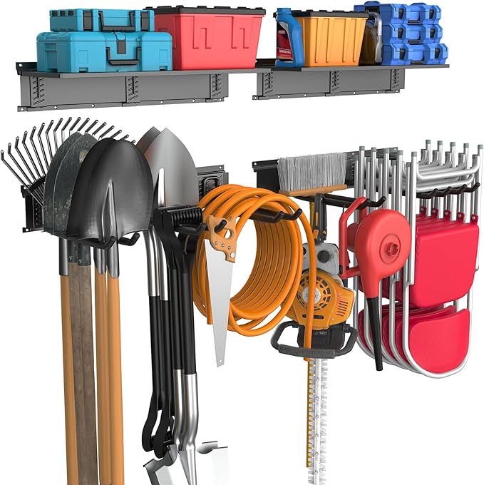 WALMANN Wall Mounted Garden Tool Rack with Shelves for Garage, Heavy Duty Folding Chair Hangers, 11-Inch Tool Storage Hooks for Shovels, Rakes, Ladders(Tool Rack with Shelf)