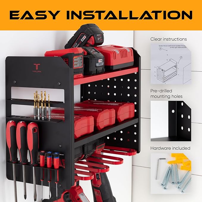 Power Tool Organizer Wall Mount, 4 Layer Heavy Duty Metal Tool Storage Rack with 4 Drill Holders, Pegboard Side Panels & Hooks, Garage Tool Organizer Wall Mount for Cordless Tools, Workshop, Shed