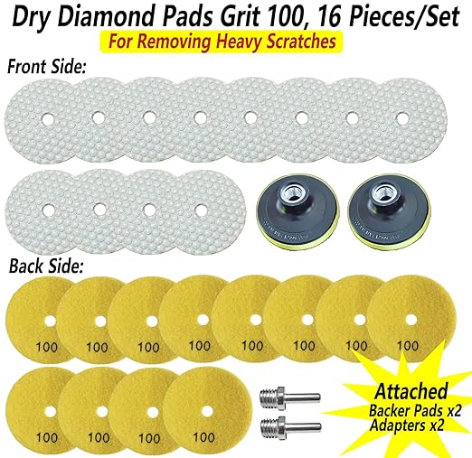 16 Packs Dry Diamond Polishing Pads Grit 100, 4 Inch Dry/Wet Granite Sanding Pad for Bufffing Marble Quartz Concrete Stone Tiles Used for Grinder Polisher Drill