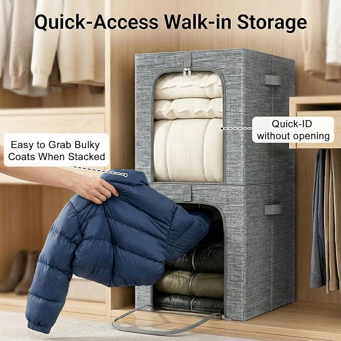GoMaihe Clothes Storage Bins Metal Frame: 55L Extra Large Stackable Closet Storage Bin with Lid & Clear Window, Heavy Duty Blanket Box for Winter Coats Comforters (Fits Deep Closet 4-Pack)