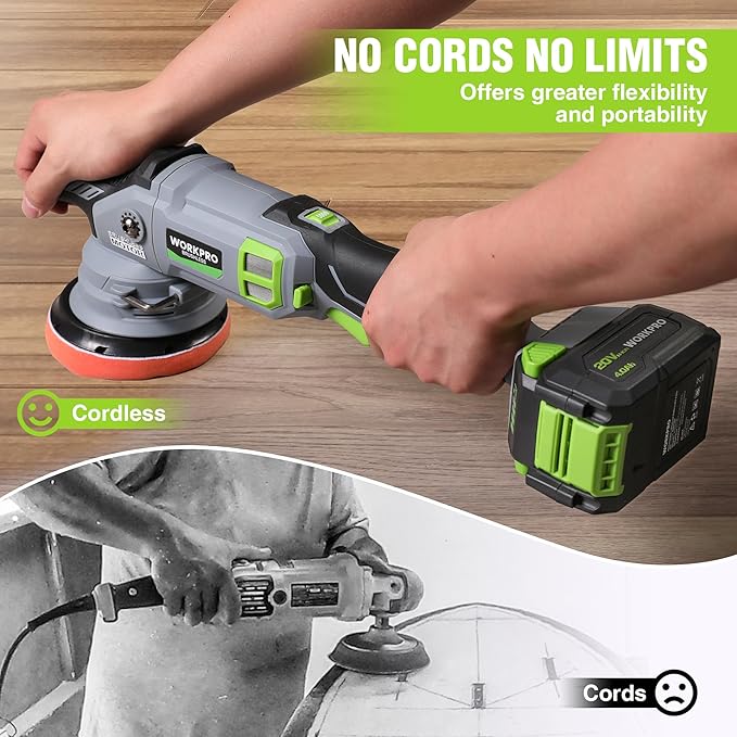 WORKPRO 5" Cordless Car Buffer Polisher, 20V Professional Brushless Polisher with 4.0Ah Battery, Orbital Pulidora De Autos Inalambrica with 7 Speed, Random Polisher Kit for Car Detailing, Waxing