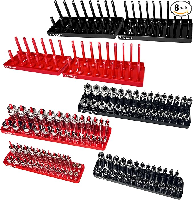 8PCS Socket Organizer Tray Set,1/2", 1/4" and 3/8" SAE & Metric Deep & Shallow Socket Holder Kit, Deep and Shallow Socket Holders for Toolboxes(sockets not included)