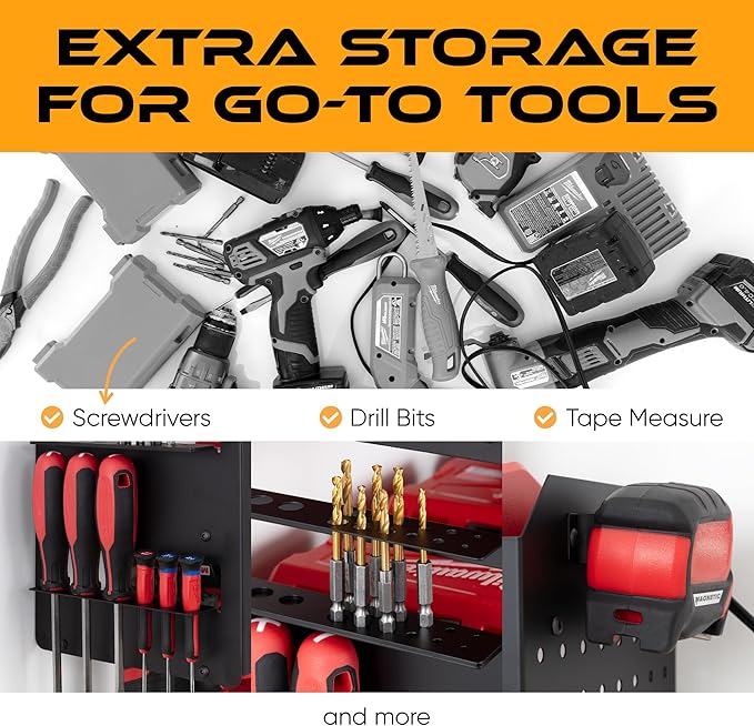Power Tool Organizer Wall Mount, 4 Layer Heavy Duty Metal Tool Storage Rack with 4 Drill Holders, Pegboard Side Panels & Hooks, Garage Tool Organizer Wall Mount for Cordless Tools, Workshop, Shed