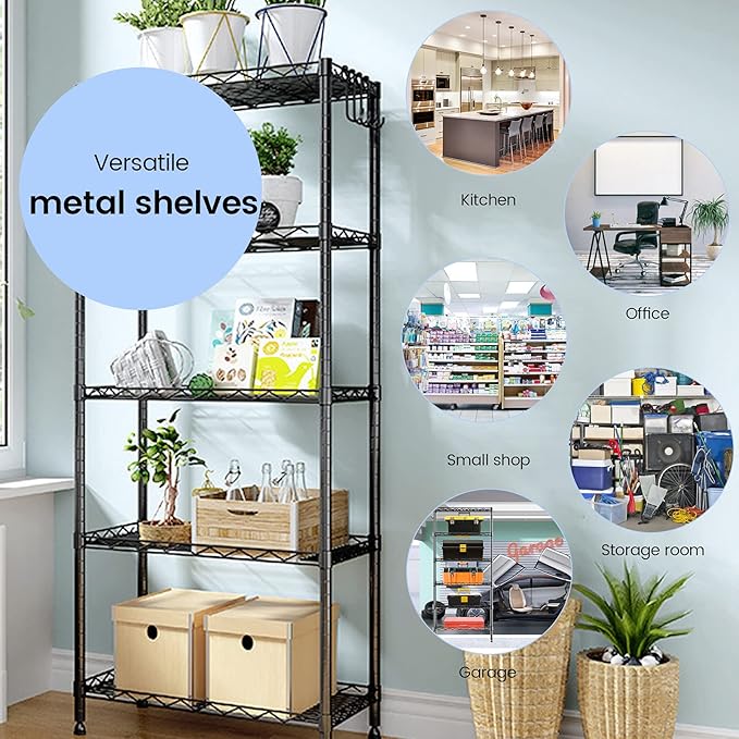 6-Shelf Shelving Storage Unit,Heavy Duty Metal Organizer Wire Rack with Leveling Feet, Stainless Side Hooks for Bathroom Kitchen Garage 750Lbs Capacity (Black)