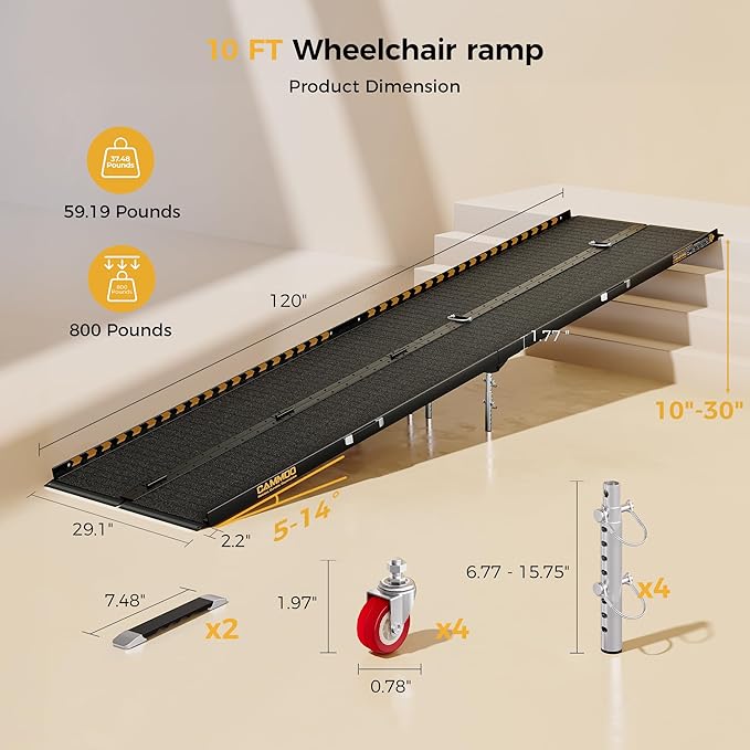 CAMMOO 10FT Portable Wheelchair Ramp-800LBS Heavy-Duty, High-Strength Aluminum Alloy with 4 Adjustable Legs, 4 Wheels, Triple Anti-Slip and Seamless Design, Ideal for Home Steps, Threshold, Doorways