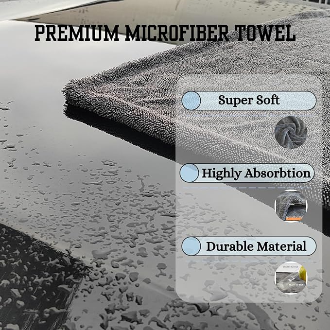Extra Large 24x36 Car Drying Towels, 1300GSM Absorbent Microfiber, Double Twisted Velvet, Rinse-Free Streak-Free, One Pass Soft Efficient Drying, for Car Detailing, SUV Truck Exterior Care