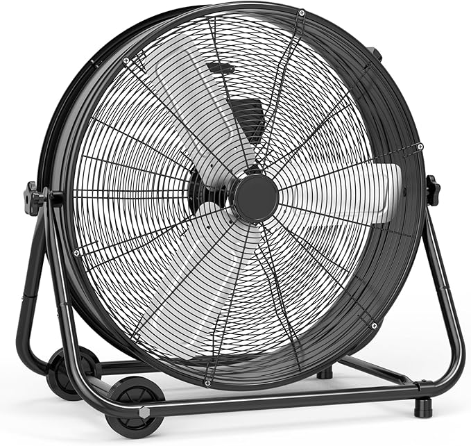 GarveeHome 24 in Industrial Drum Fan, 5700 CFM High Velocity Floor Fan, 3 Speed Heavy Duty Metal Air Circulator Fan, 360° Tilt with Casters Handle, Ideal for Patios, Warehouse, Commercial, Basement